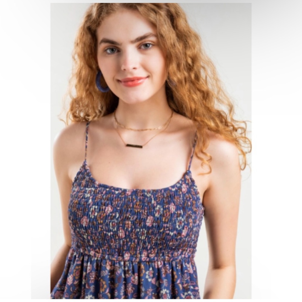 Trixxi Blue Ruffled Smocked Floral Fit and Flare Dress - Picture 6 of 10